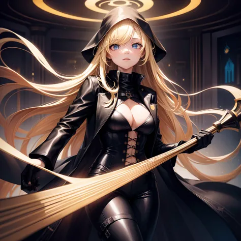 super high image, super detail, super high resolution, portrait, beautiful and stylish light blonde hair woman, wearing a mask, black leather long coat no shirt, black leather slim pants, black engineer boots, grim reapers scythe, holofilm, translucent, ir...