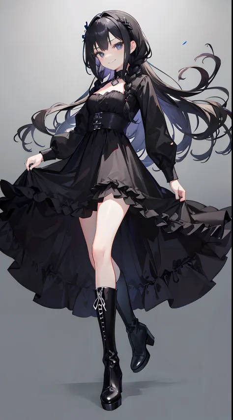 Solo，Facing the viewing angle，bit girl，Loli，Gorgeous black wedding dress，Black hair，Fishtail braided hairstyle，Black colored eyes，A smug smile，Black super-heeled boots，stand posture，Extend your right leg forward，White background,Simple background