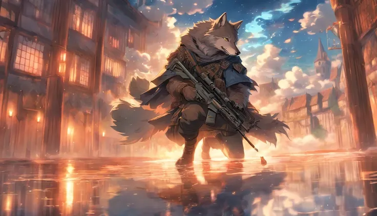 Illustration of a wolf holding or shooting a sniper rifle,Cinematic light and reflection, Surrounded by clouds, Buildings in medieval Europe, glazed tiles,