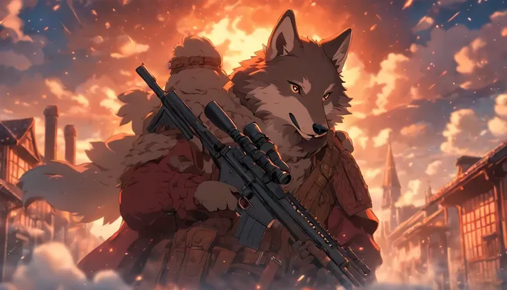 Illustration of a wolf holding or shooting a sniper rifle,８Equivalent,Cinematic light and reflection, Surrounded by clouds, Buildings in medieval Europe, glazed tiles,