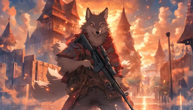 Illustration of a wolf holding or shooting a sniper rifle,８Equivalent,Cinematic light and reflection, Surrounded by clouds, Buildings in medieval Europe, glazed tiles,