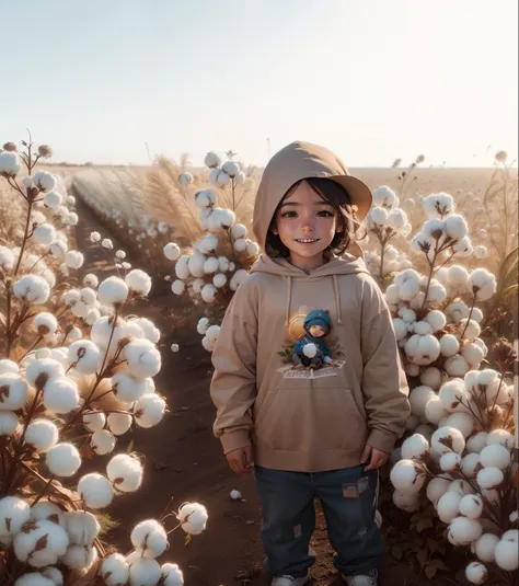 Retrato cuerpo entero, cuerpo completo, 8 k resolution, 32k resolution, cinematic lighting, La mejor calidad, cotton plants, 4 year old, parado, usando sudadera, puesto la capucha de la sudadera,sonriendo.