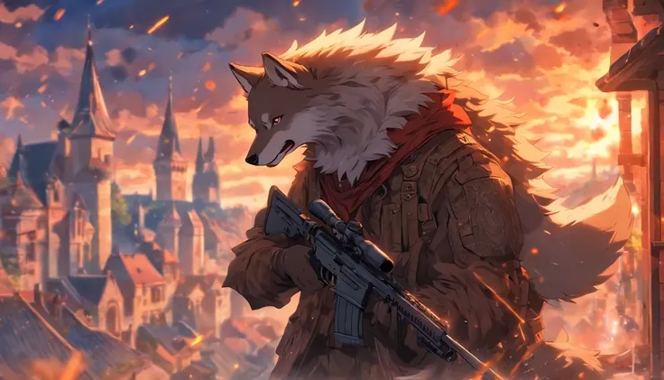 Illustration of a wolf holding or shooting a sniper rifle,８Equivalent,full bodyesbian,Cinematic light and reflection, Surrounded by clouds, Buildings in medieval Europe, glazed tiles,