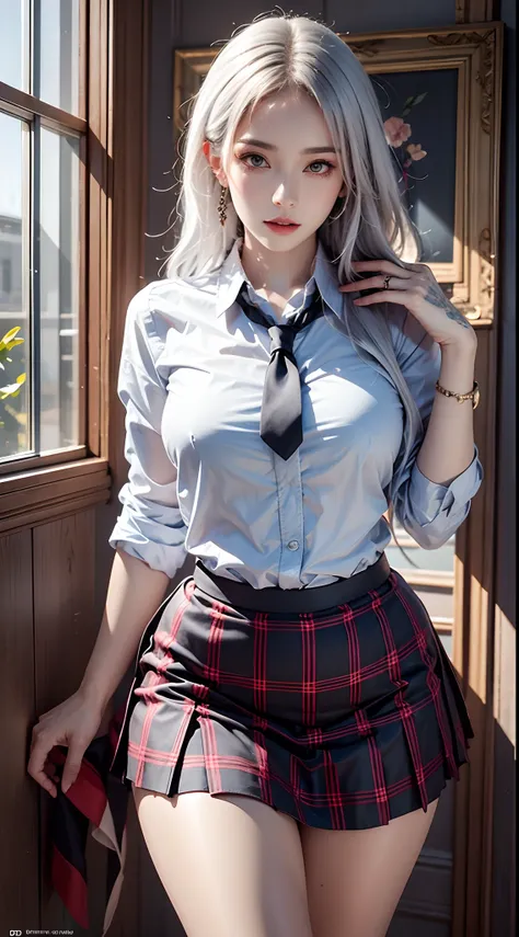 photorealistic, high resolution, soft light, 1women, solo, hips up, shining skin, jewelry, school uniform, white hair, tattoo, s...