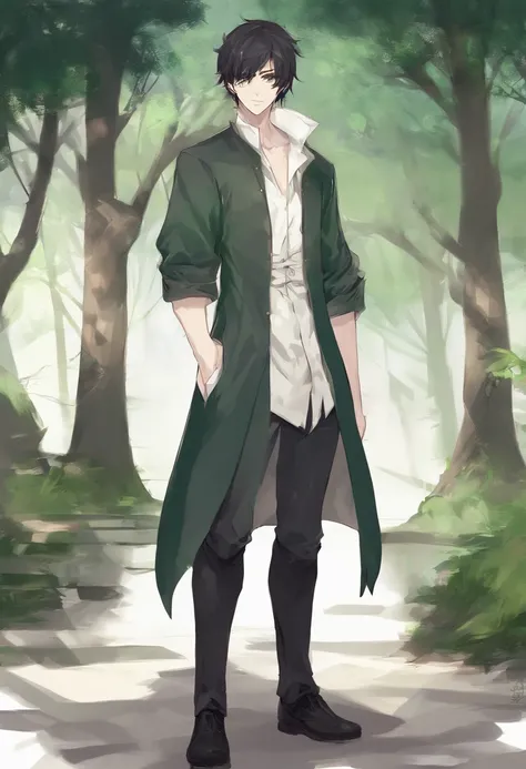 male (Male), green eyes, Birthmark on left cheek, white skin tone, Short dark black hair, Black shirt, Robe, tight pants, Simple background, anime, fantasy, 20 years old.