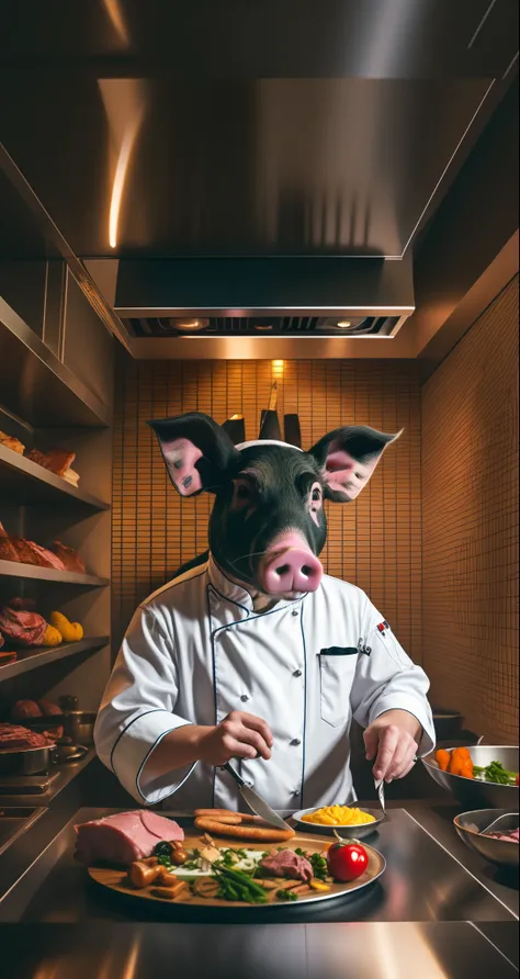 Cyberpunk Pig as a chef with a butchers knife, QRCODE on the forehead , film still from a horror movie, Dark lighting --auto --s2