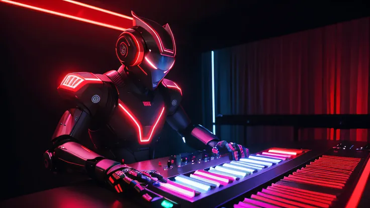 a black robot with red neon lights playing a DJ table, in a dark room, black room. playing a keyboard. Futuristic piano. A neon red piano.