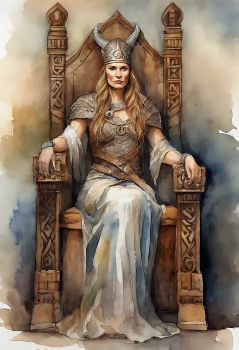 Beautiful Viking Queen sitting on viking throne, highly detailed, masterpiece, looking at viewer