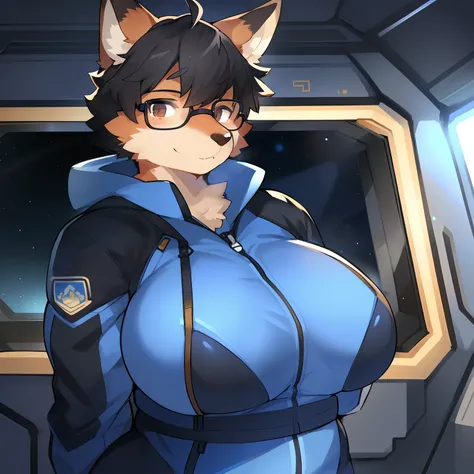 by suurin 2, by goonie-san, by bigcozyorca, solo, fox, glasses, ((short black hair, snout)), chubby, muscular, big breasts, blue military spacesuit, spaceship, space, window, standing, facing viewer