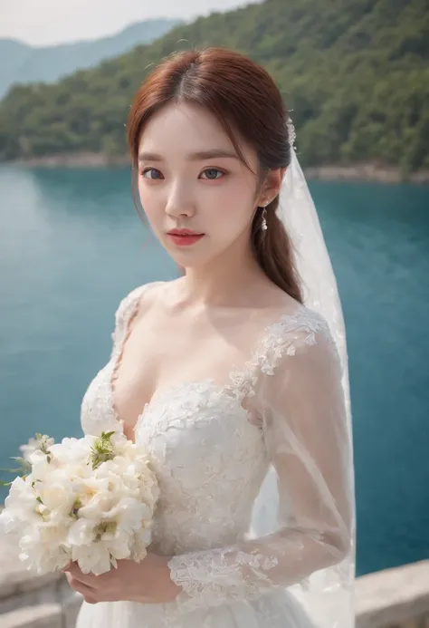 1 beautiful girl，Korean idol，  (Realistic:1.3) (full bodyesbian:1.3), standing photo, Stand in front of the blue lake, White wedding dress, Soft dress, Masterpiece, diffused soft lighting, Portrait, Best quality, (Perfect face:1.4), Ultra-realistic Highly ...