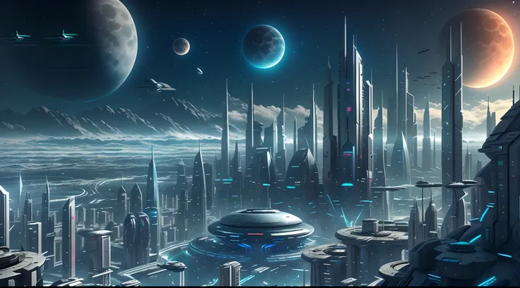 futuristic city with a view of the moon and a distant planet, in fantasy sci - fi city, futuristic city backdrop, futuristic cit...