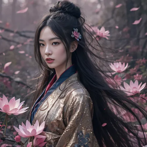 32K（tmasterpiece，k hd，hyper HD，32K）Long flowing black hair，ponds，zydink， a color， Aozhou people （Concubine girl）， （Purple silk scarf）， Combat posture， looking at the ground， long whitr hair， Floating hair， Carp pattern headdress， Chinese long-sleeved cloth...