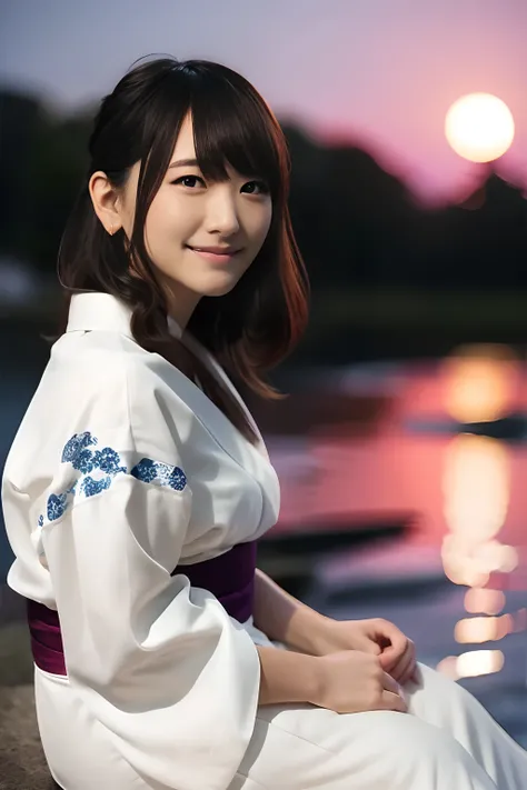 20 year old girl、Drill Hair、Yukata、Kimono、Viola、A smile、Beautuful Women、((top-quality、8K、​masterpiece：1.3))、foco nítido：1.2、An ultra-high picture quality、top-quality、​masterpiece、natural soft light、The upper part of the body、the setting sun、