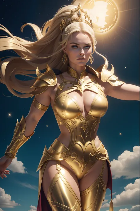 ( nuvens ) Lindsey Vonn as a MYTHOLOGICAL DIVA in a golden armor, floating into the sky, gold bracelets on the arms, coxas expostas, Face looking at the camera, athletic curvy body, Musculatura suavemente definida, perspectiva de corpo inteiro, Realismo 32...