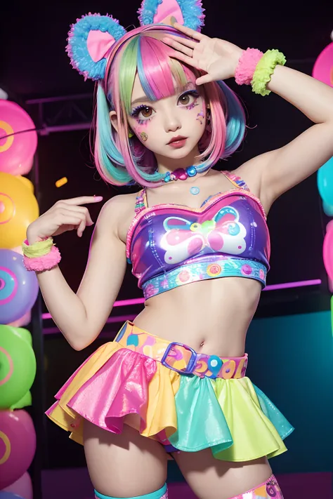 Alafe girl posing in colorful costume for photo, y 2 k cutecore clowncore, kawaii decora rainbowcore, kawaii hq render, candy girl, decora inspired, Unreal Engine : : Rave makeup, raver girl, Rave Girl, Rave Costume, glitchpunk girl, soda themed girl, play...