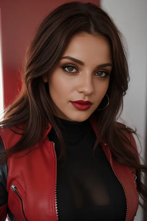 (La mejor calidad,realista:1), sexy, chaqueta color rojo, Cabello largo, ojos negros, feliz, cuerpo completo, Ojos y labios detallados, Bold expression, refinado, Strong lighting, Pintura ultrafina, profesional, erotic, foco nítido, vivid colors