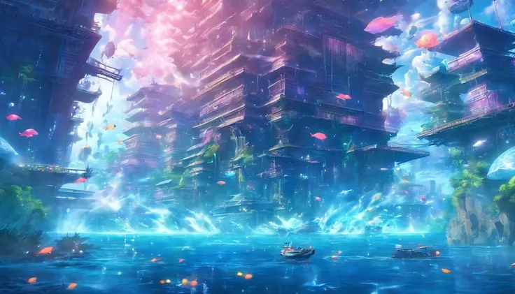 Ultra-wide-angle picture，24th century，The underwater city of the future，fansty world，highly detailed surreal vfx，China ink painting，water ink，ink，Smudge，downpours，Get wet，water，Jets of water surround you，Resistant to gravity water jets，Spiral，Faraway view，...