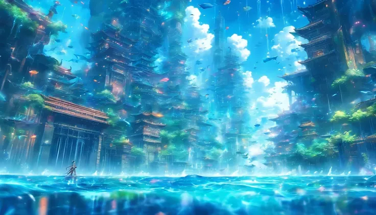 Ultra-wide-angle picture，24th century，The underwater city of the future，fansty world，highly detailed surreal vfx，China ink painting，water ink，ink，Smudge，downpours，Get wet，water，Jets of water surround you，Resistant to gravity water jets，Spiral，Faraway view，...