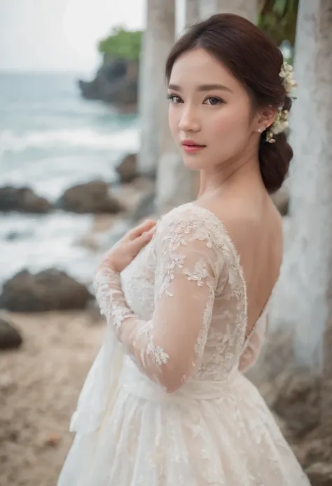 1 beautiful girl，Asian idol，  (Realistic:1.3) (full bodyesbian:1.3), standing photo,Bali Island, Stand in front of the blue sea, White wedding dress, Soft dress, Masterpiece, diffused soft lighting, Portrait, Best quality, (Perfect face:1.4), Ultra-realist...