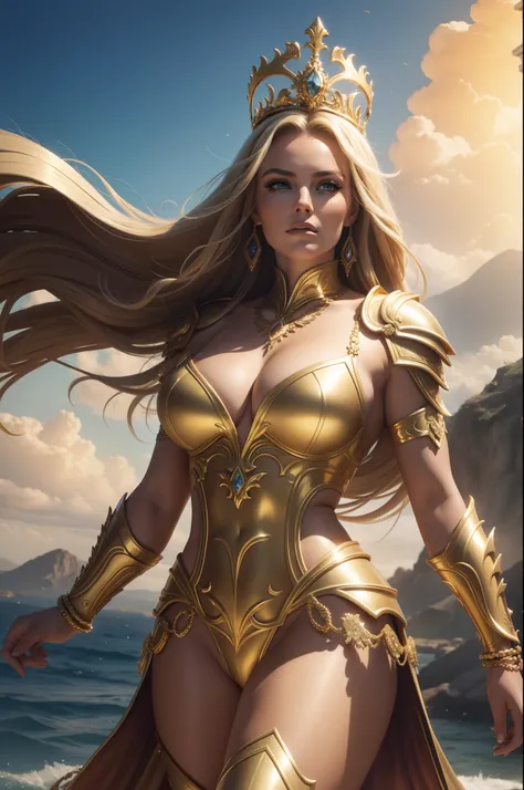 ( nuvens ) Lindsey Vonn as a MYTHOLOGICAL DIVA in a golden armor, tiara dourada com asas, floating into the sky, gold bracelets on the arms, coxas expostas, Face looking at the camera, athletic curvy body, Musculatura suavemente definida, perspectiva de co...