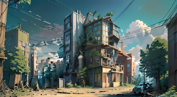 very cozy little place, surrealism, (makoto shinkai anime: 0.4), dilapidated old houses on city streets, home wiring, outdoors, ...