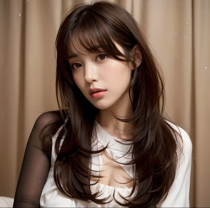 a close up of a woman with long hair wearing a white shirt, Curtain background to match,Natural background,Nature images,Long brown hair with bangs, long hair with bangs, brown hair with bangs, Long hair with full bangs, straight hairstyle, Long black hair...