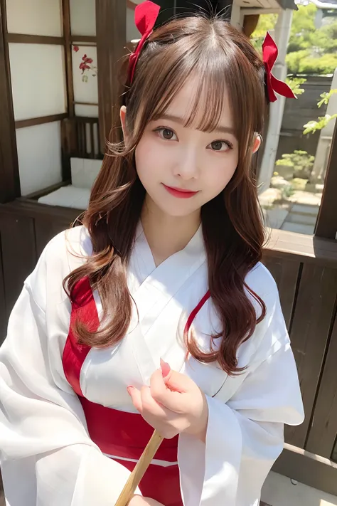 (​masterpiece、top-quality、ultra-detailliert、rays of sunshine、电影灯光)、(Japan Anime Cosplay、)、(Famous idol girls of Japan、)、(goddess of Japan、shrine maiden、white miko costume、Red Hakama、)、(dishevled hair、short hair of red-brown color、poneyTail、Cherry Blossom H...