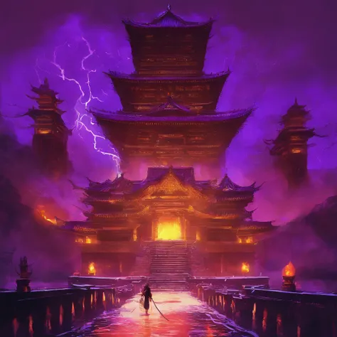 In heavy rain，（（A huge castle complex of ancient square-topped stones burning in the fire））The picture quality is excellent，Lightning，Yellow light fog，电影灯光，Natural, realistic colors，Full composition，The style refers to Van Gogh，Subject content，Burning wood...