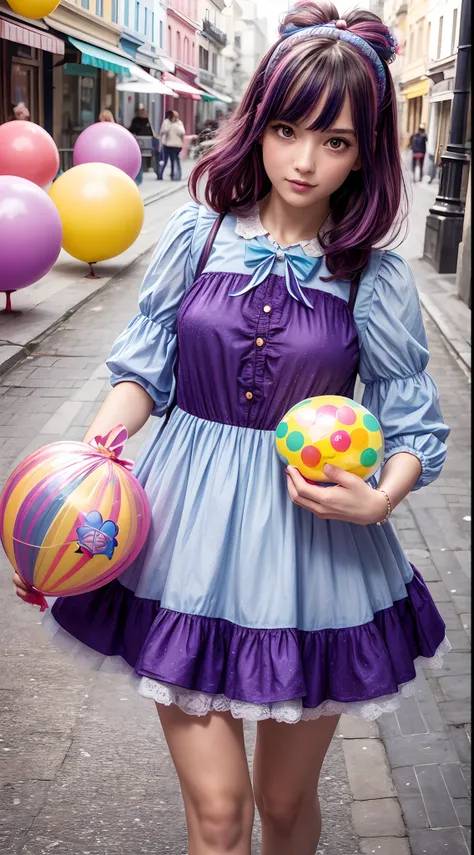 motor irreal:1.4,UHD,La mejor calidad:1.4, fotorrealista:1.4, textura de la piel:1.4, obra maestra:1.8,Foto en color de: A full-length side photo of a fashionable young woman licking a giant rainbow lollipop, con cabello colorido y moda lolita, ((🦄🎠🎈😎 tema...