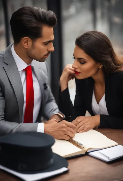 reporter masculino com terno preto, Red tie and notebook, with the expression of curiosity next to two people