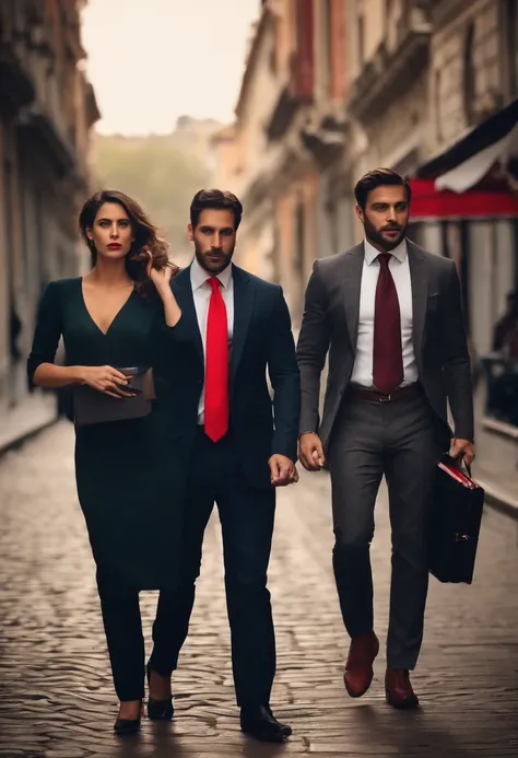 reporter masculino com terno preto, Red tie and notebook, with the expression of curiosity next to two people