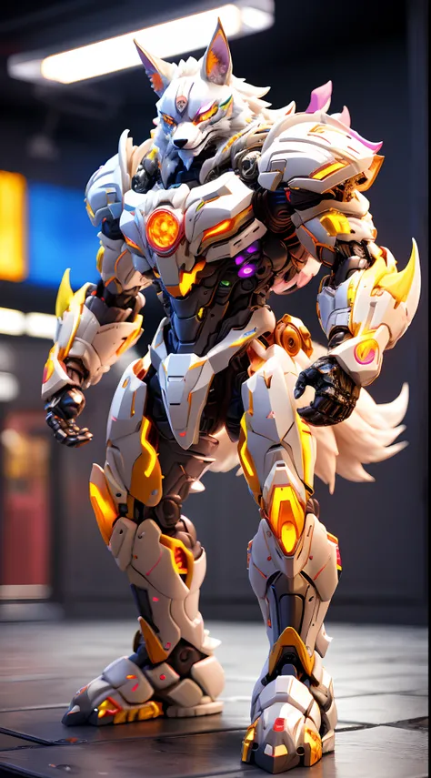 FOX KING, RAINBOW COLORED, HETEROCHROMIA EYE, MECHA HEAVY ARMOR, TRANSPARANT, MUSCLE BODY.