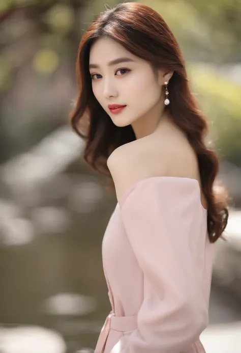 Gentle and beautiful woman, half body photo, Delicate and sexy collarbone, charming oval face, Double eyelids, Smart peach blossom eyes, Pink lips, small nose, Bare shoulders, Focused face, Face Close-up, The ultra -The high-definition, Super Details, eleg...