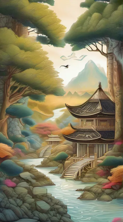 a beautiful landscape incorporating the concept of Feng shui, fantasy art, ethereal