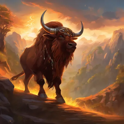 Struck by lightning(tauren:1.5)，One with an ax（Minotaur：1.8），Standing cow with an axe，Painful expression，Raise your head to the sky，（Thunder magic），Funk，shudder，Gothic，baroque，（The arc was released from the female mages hand），Electric current travels aroun...