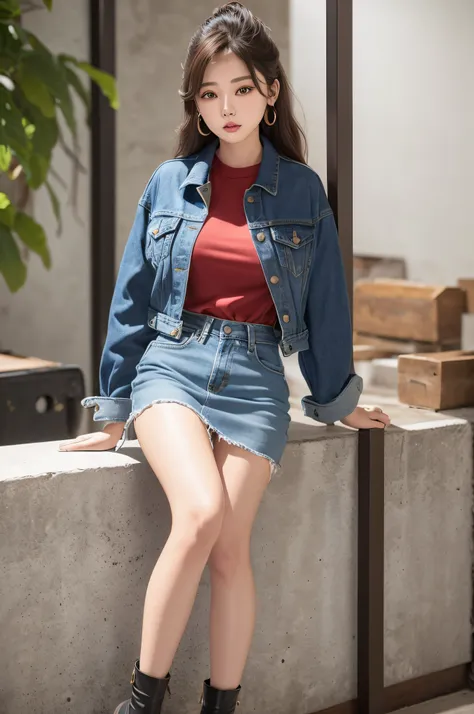 In front of a large wall、arms behind back　、　a picture、realisitic、Beautuful Women、Denim jacket、blouse、Leather tight skirt、high-heels、A detailed face、Detailed lips、A detailed eye、luslous skin、One Person、red lipsticks