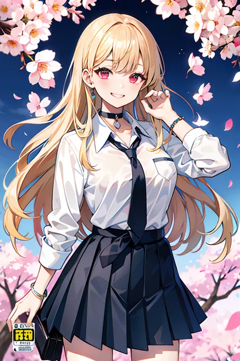 masterpiece, best quality,  full body,
1girl, bangs, black choker, black necktie, blonde hair, blue skirt, blush, bracelet, breasts, choker, clothes around waist, collarbone, collared shirt, cowboy shot, dress shirt, ear piercing, eyebrows visible through ...