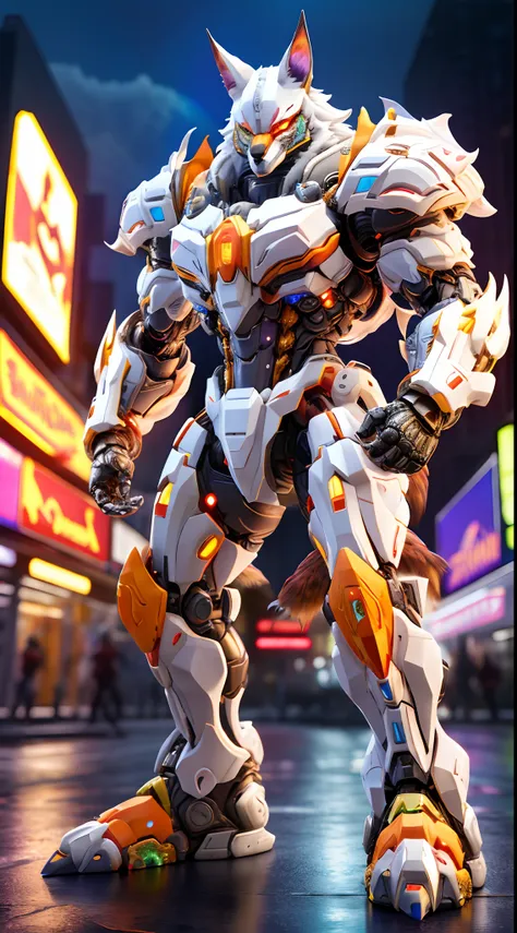 fox king, rainbow colored, heterochromia eye, mecha heavy armor, transparant, muscle body.