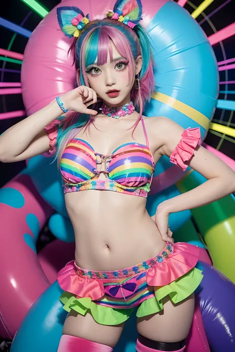 Alafe girl posing in colorful costume for photo, y 2 k cutecore clowncore, kawaii decora rainbowcore, kawaii hq render, candy girl, decora inspired, Unreal Engine : : Rave makeup, raver girl, Rave Girl, Rave Costume, glitchpunk girl, soda themed girl, play...