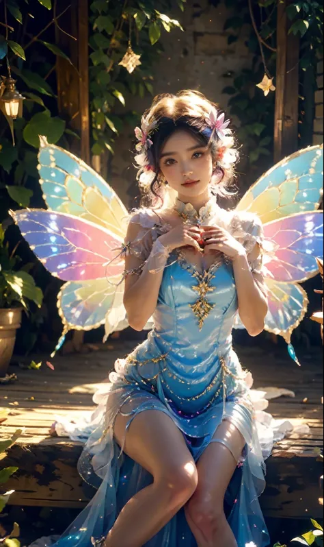 fairy, butterfly_wings,gem,sitting,full body,vibrant colors,stunning environment ,soft lighting,gorgeous light and shadow,white_...