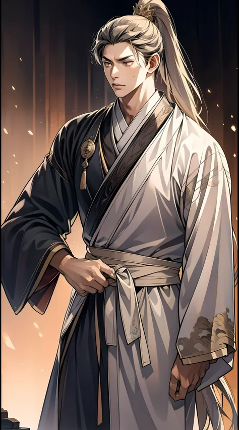 quadratic element，style of anime，mtu（Male Warrior），The proportions are correct，Face details，swordsmen，High ponytail hairstyle，Neck details，There is an Adams apple，Black Hanfu，kaftan，Embroidered robes，Black robe，clothes details，Handing over，longer sleeves，G...