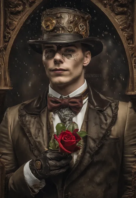 Depressed young man, in Joker makeup, night, rain, holding a rose, 4K, ultra realistic environment, ultra realistic lighting, many details, masterpiece,