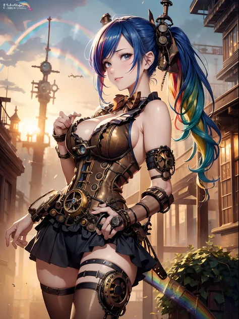 (masutepiece:1.3), (8K, Photorealistic, Raw photo, Best Quality: 1.4), Beautiful face, (Realistic face), Beautiful detailed eyes, (Realistic skin), Attractive, Intricate details,Golden ratio,  1 girl,Naughty smile, ((steampunc:1.5)),(rainbow hair:1.4),((Lo...