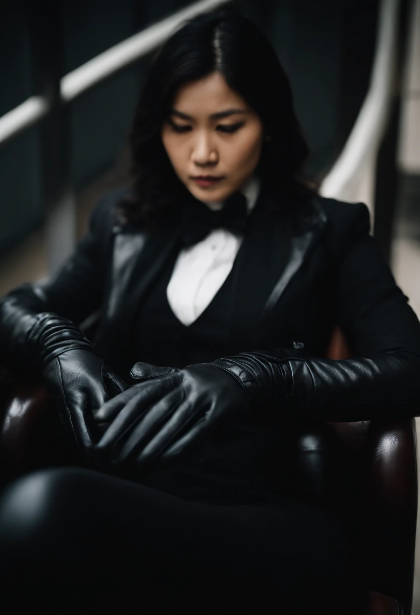 The upper body is covered with black leather gloves up to the fingertips in both hands. Black recruitment suit. Sitting on a leather chair on a desk in my room with a computer in the dark, talking to the other side of the screen. Long, black hair bundled i...