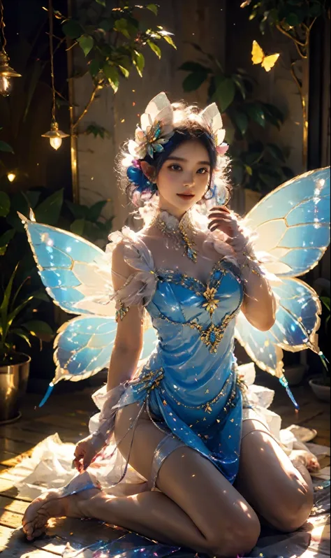 fairy, butterfly_wings,gem,sitting,full body,vibrant colors,stunning environment ,soft lighting,gorgeous light and shadow,white_...