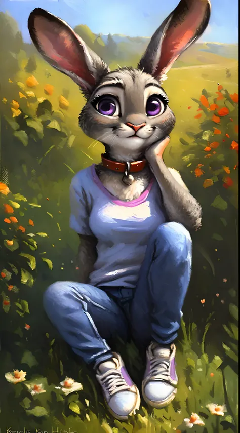 a beautiful and detailed portrait of a female bunny rabbit, judy hopps, masterpiece, kenket, oil painting,detailed face, blue jeans, gray and white fur, purple eyes, collar, white sneakers, full body, cute,