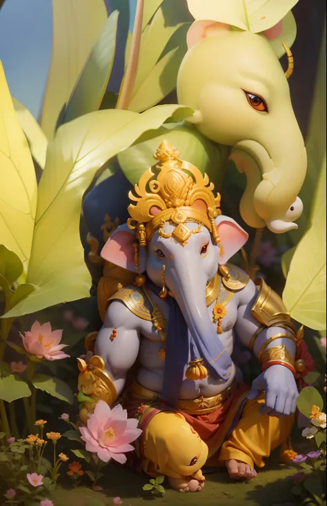 Vinayak, Shree Ganesh, roaming in the garden with a mouse, best quality, best illustration, high resolution, ((extremely detailed))