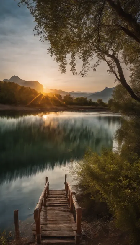 Beautiful lake in Xinjiang, bathed in the warm glow of the setting sun. The sky stretches endlessly above, a breathtaking expanse of blues and whites. The rich hues of the landscape are captured by a professional photographer using a state-of-the-art Nikon...