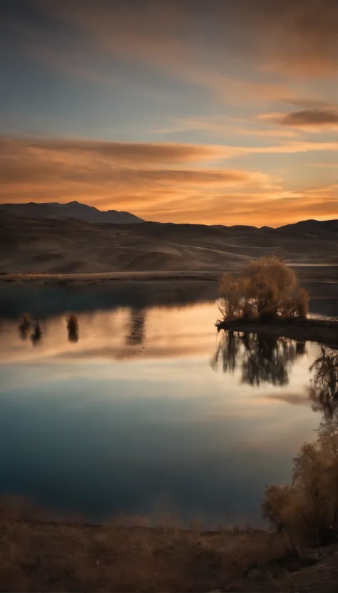 Beautiful lake in Xinjiang, bathed in the warm glow of the setting sun. The sky stretches endlessly above, a breathtaking expanse of blues and whites. The rich hues of the landscape are captured by a professional photographer using a state-of-the-art Nikon...