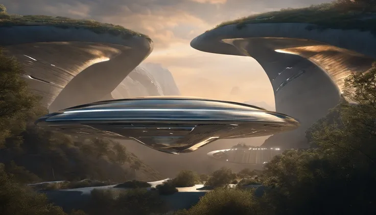 What photography，Ultra photo realsisim，hyper-detailing，Ultra-wide-angle picture，24th century，sci fi city，fansty world，Tech City of the Future，Oval building，Suspended circular aircraft，Roads leading in all directions，highly detailed surreal vfx，Smudge，Faraw...